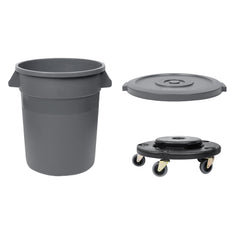 RW Clean 1 Gray 20 gal Plastic Commercial Trash Can and 1 Gray Lid and 1 Dolly