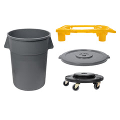 RW Clean 1 Gray 44 gal Plastic Commercial Trash Can and 1 Gray Lid, 1 Dolly and 1 Yellow Caddy