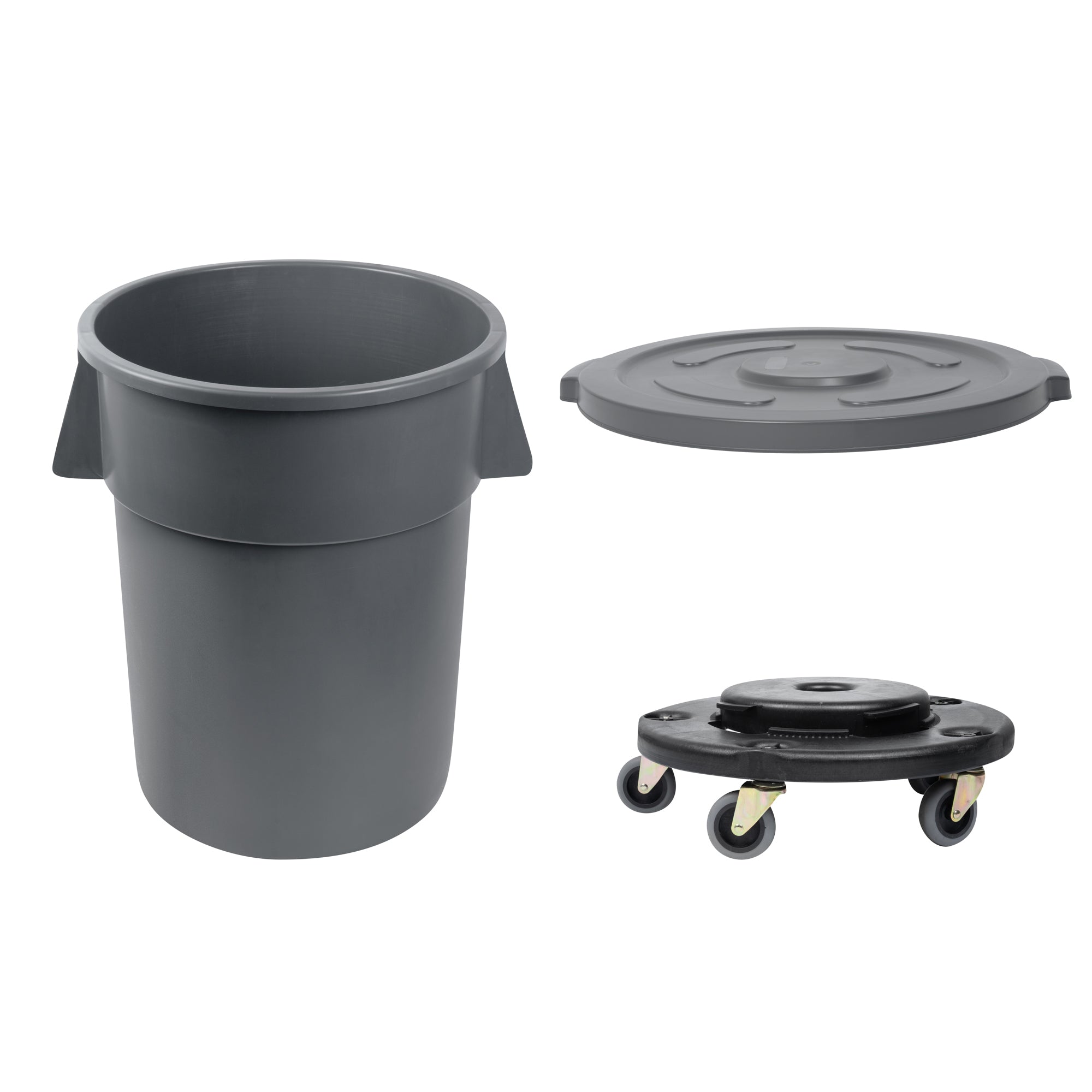 RW Clean 1 Gray 55 gal Plastic Commercial Trash Can and 1 Gray Lid and 1 Dolly