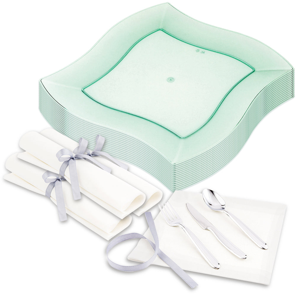 100 Square Seagreen 9" Plastic Large Aqua Plates and 100 Moderna Silver Plastic Cutlery Sets