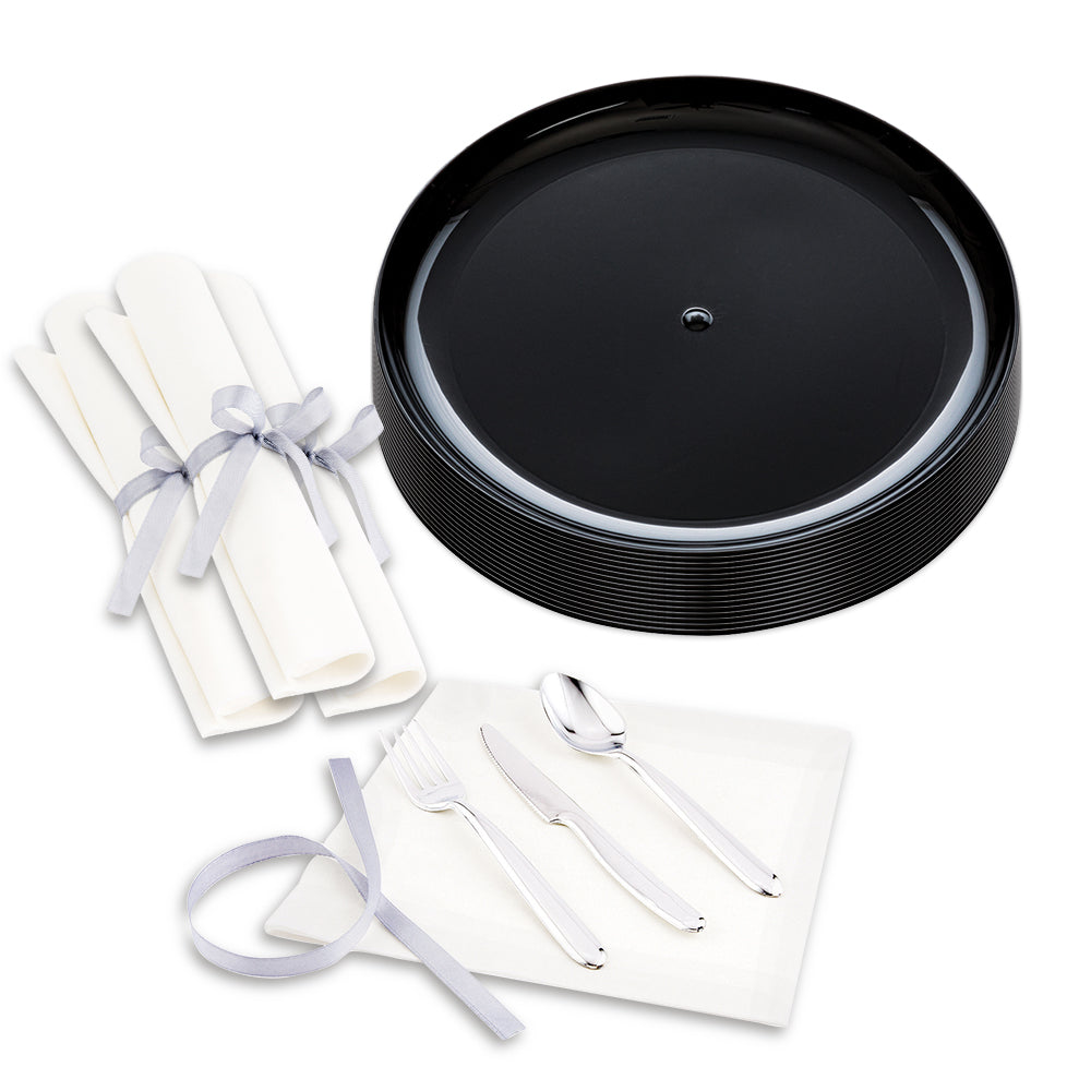 100 Round Black 7" Plastic Medium Elegant Plates and 100 Moderna Silver Plastic Cutlery Sets