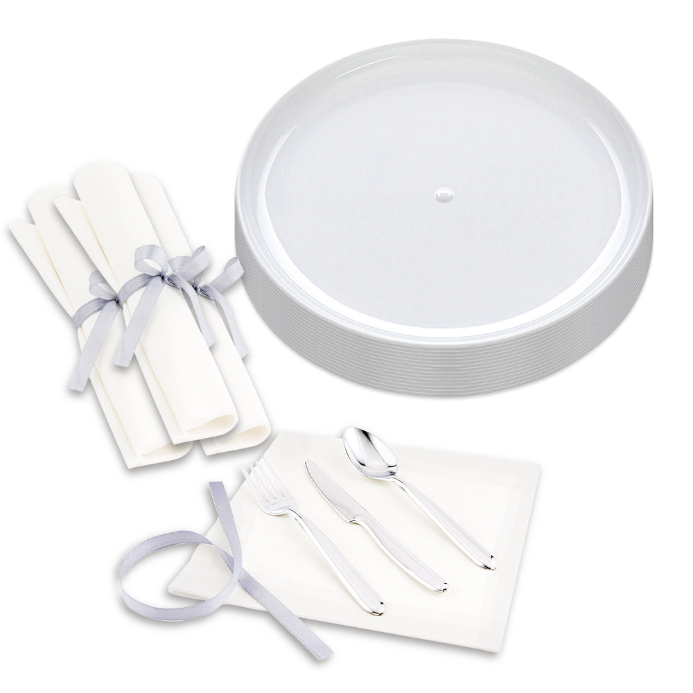 100 Round White 7" Plastic Medium Elegant Plates and 100 Moderna Silver Plastic Cutlery Sets