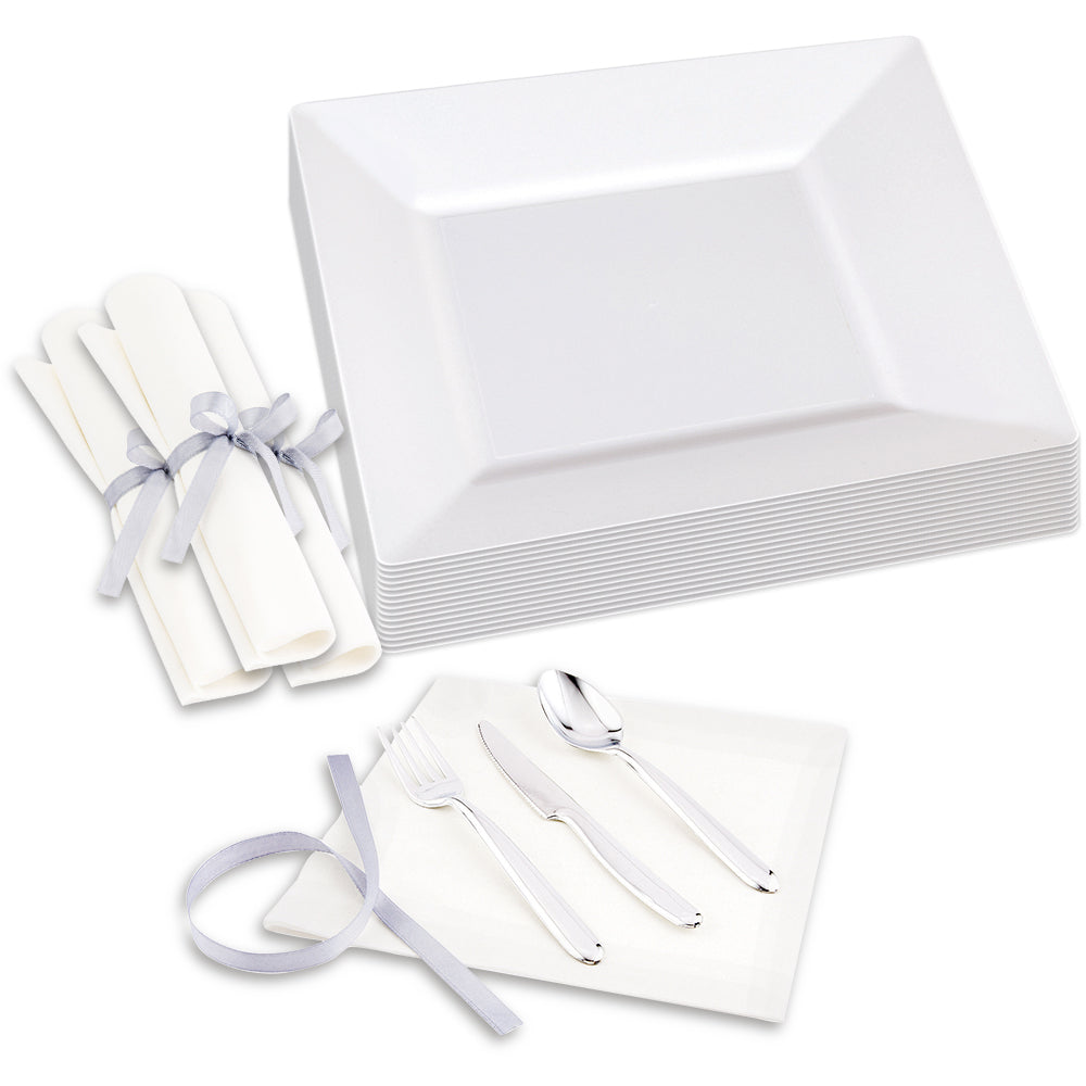 100 Square White 10 3/4" Plastic Dinner Plates and 100 Moderna Silver Plastic Cutlery Sets