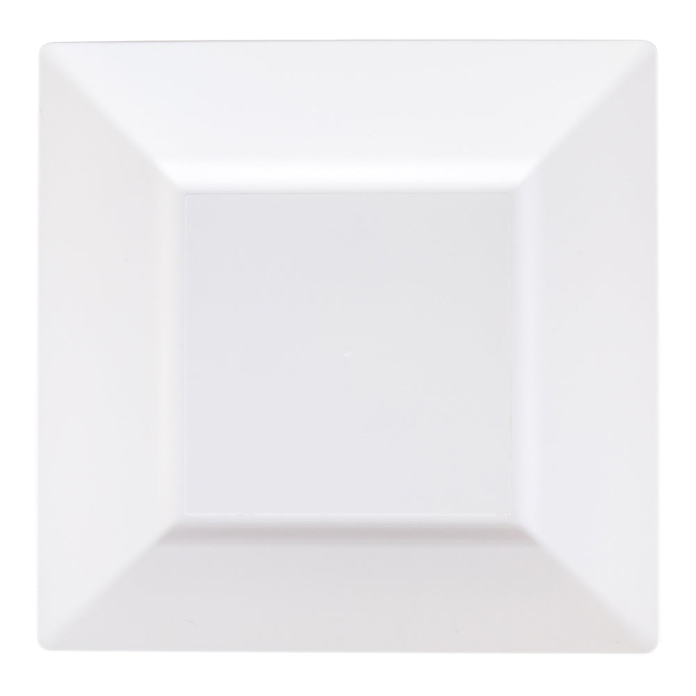 100 Square White 10 3/4" Plastic Dinner Plates and 100 Moderna Silver Plastic Cutlery Sets