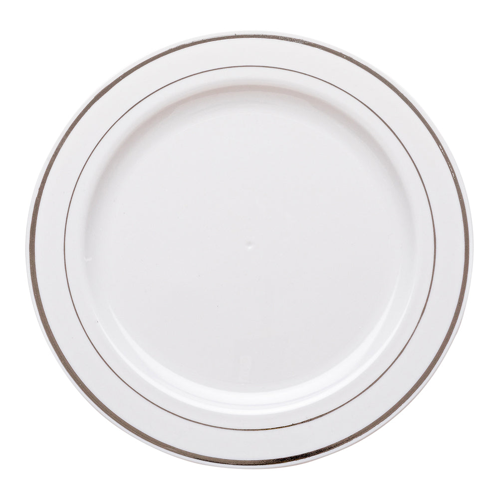 100 Round White 7 1/2" Plastic Silver-Rimmed Plates and 100 Moderna Silver Plastic Cutlery Sets