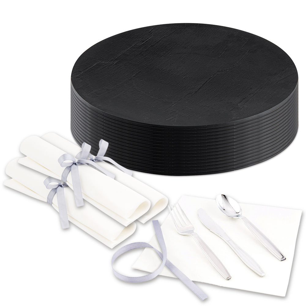 100 Round Black 8 3/4" Plastic Medium Plates and 100 Argento Silver Plastic Cutlery Sets