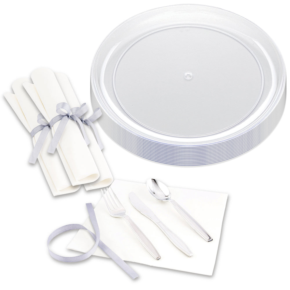 100 Round Clear 9" Plastic Elegant Plates and 100 Argento Silver Plastic Cutlery Sets