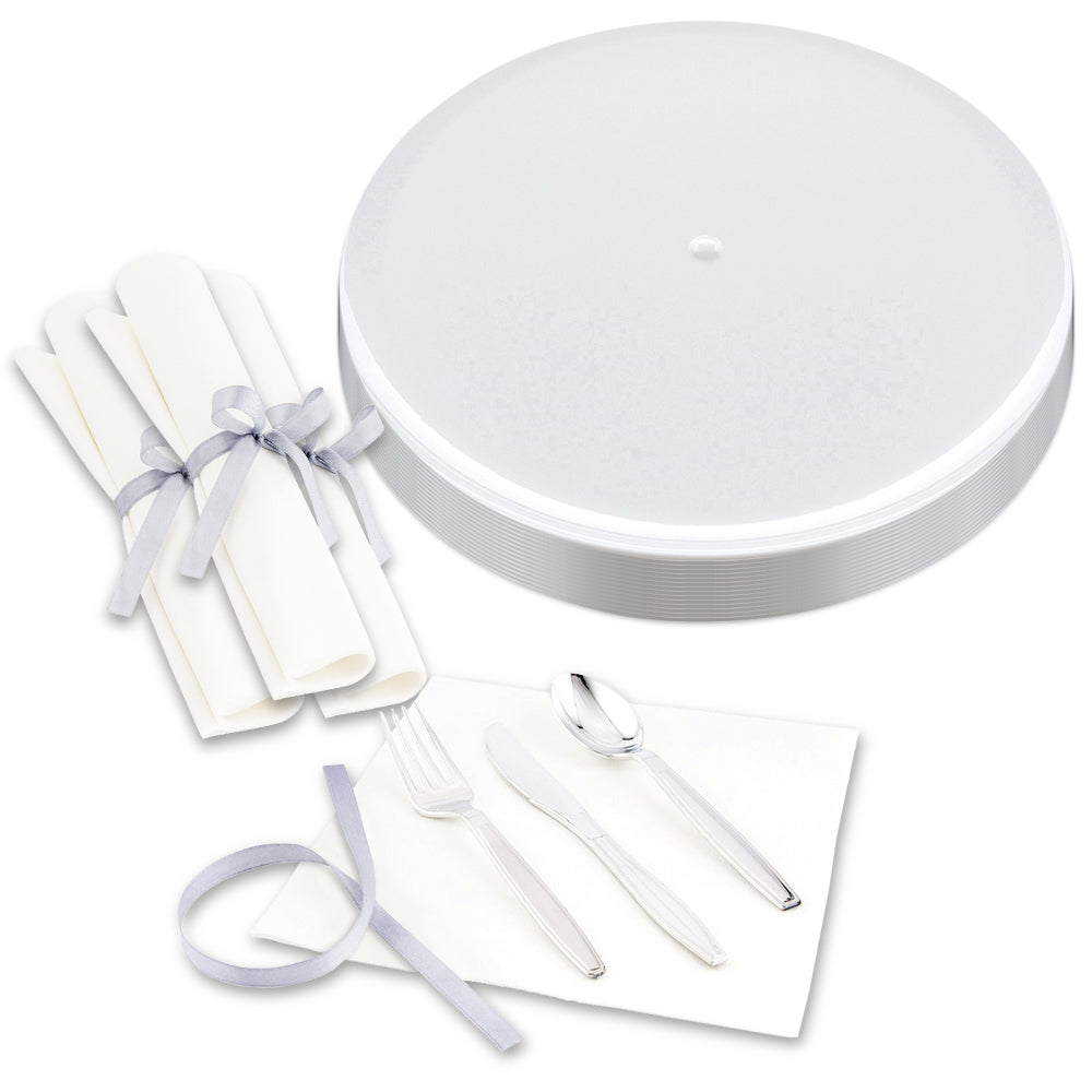 100 Round White 9" Plastic Elegant Plates and 100 Argento Silver Plastic Cutlery Sets