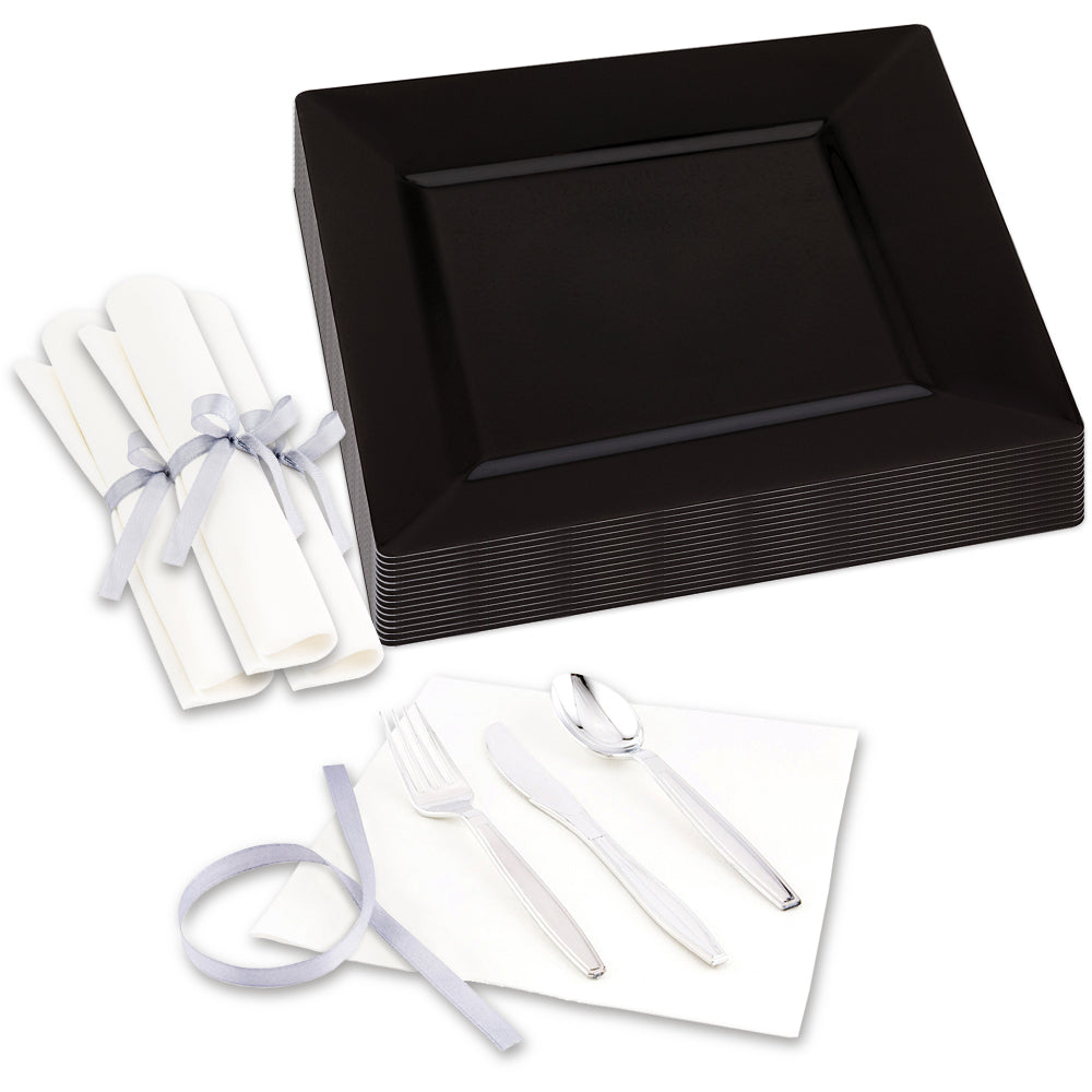 100 Square Black 10 3/4" Plastic Dinner Plates and 100 Argento Silver Plastic Cutlery Sets