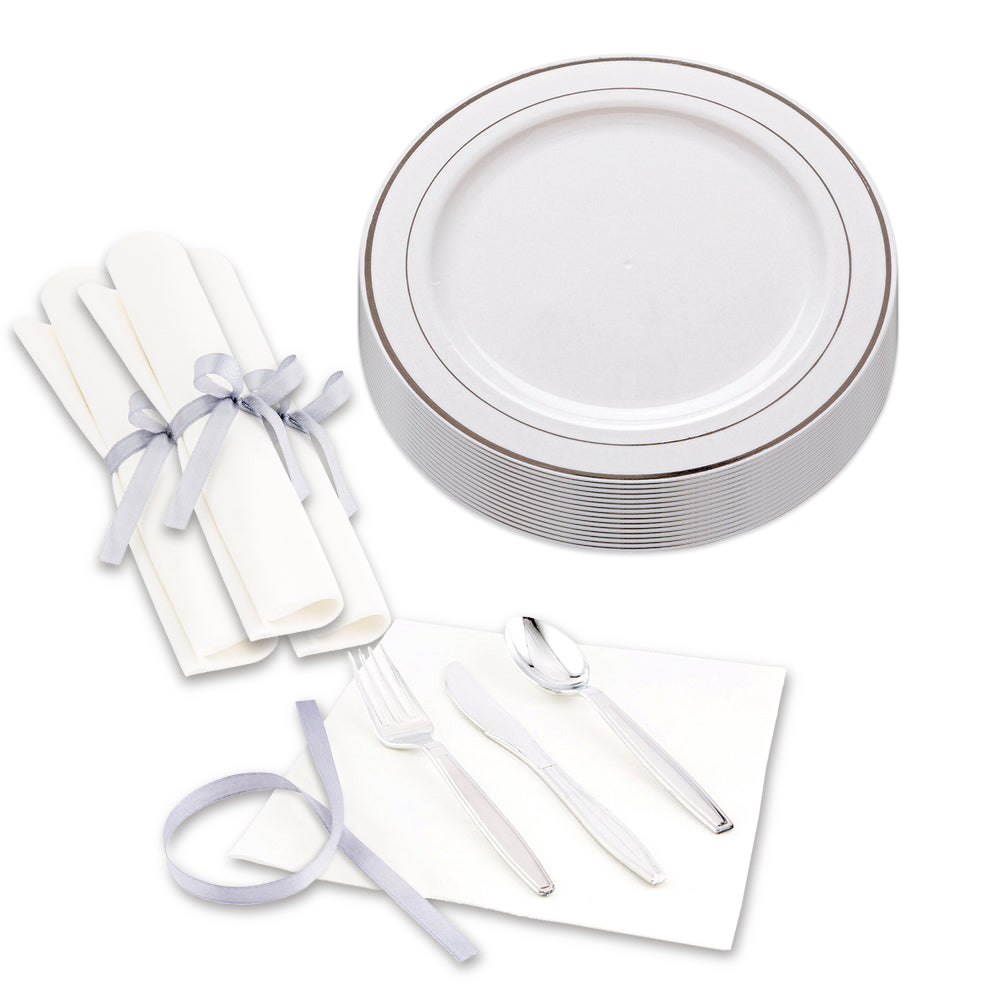 100 Round White 7 1/2" Plastic Silver-Rimmed Plates and 100 Argento Silver Plastic Cutlery Sets