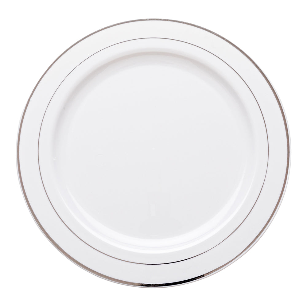 100 Round White 10 1/2" Plastic Silver-Rimmed Plates and 100 Argento Silver Plastic Cutlery Sets