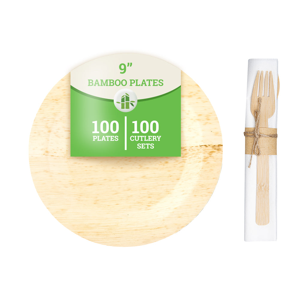 100 Round Natural 9" Bamboo Plates and 100 Natural Bamboo Disposable Flatware Sets