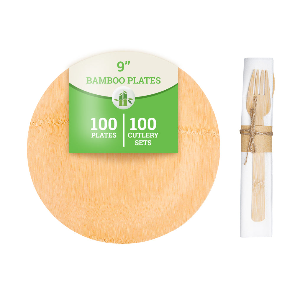 100 Round Natural 9" Bamboo Large Veneer Plates and 100 Natural Bamboo Disposable Flatware Sets