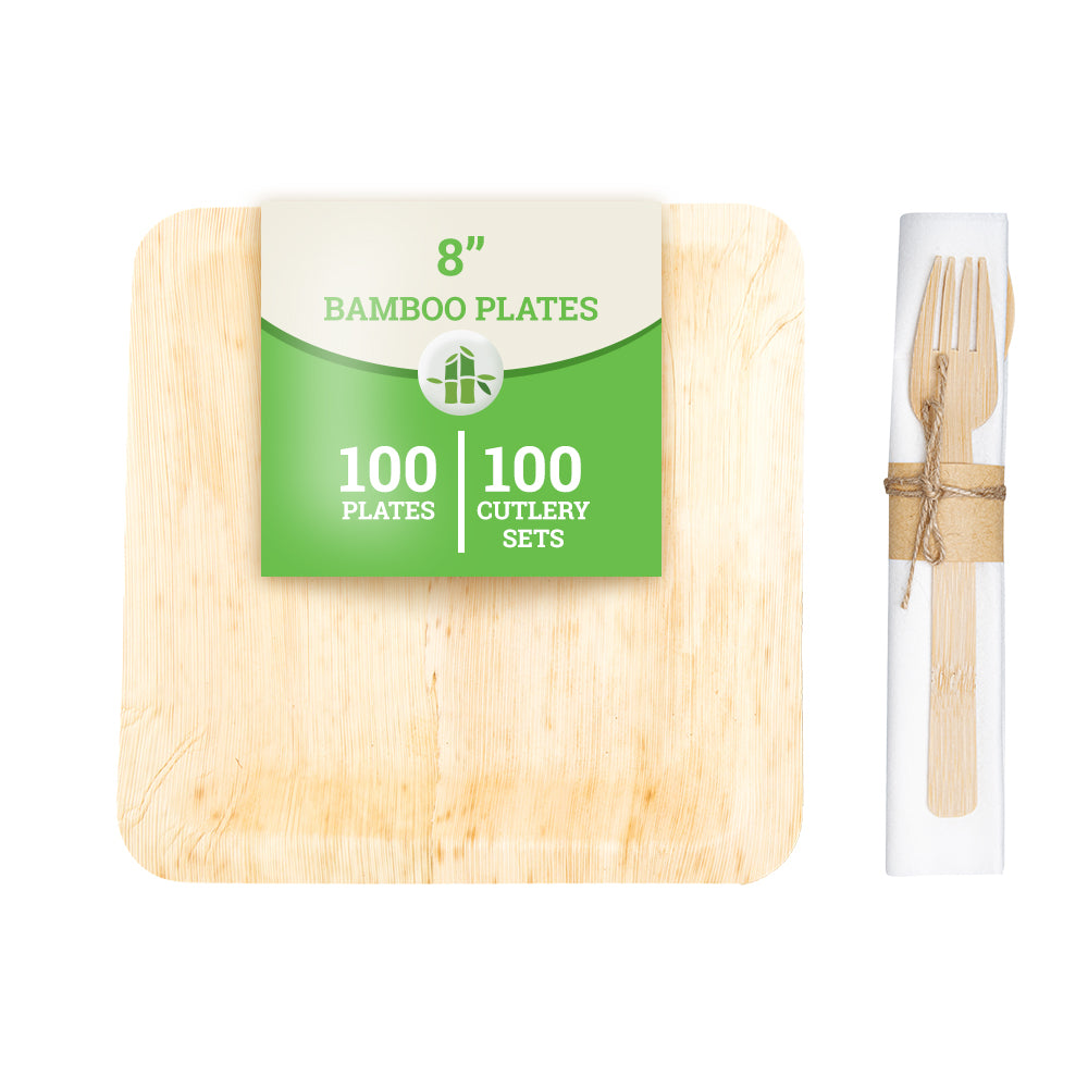 100 Square Natural 8" Bamboo Leaf Large Plates and 100 Natural Bamboo Disposable Flatware Sets