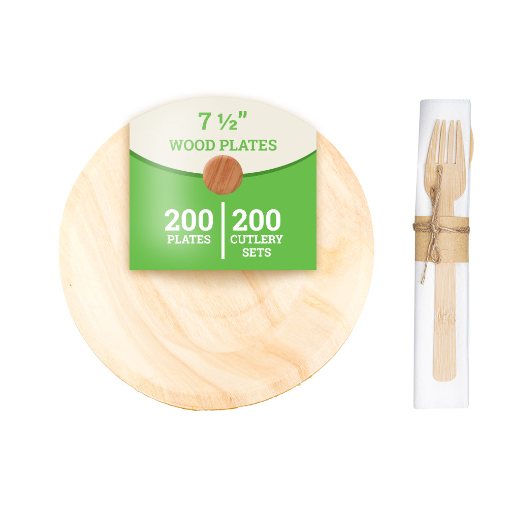 200 Round Natural 8" Wood Plates and 200 Natural Bamboo Disposable Flatware Sets