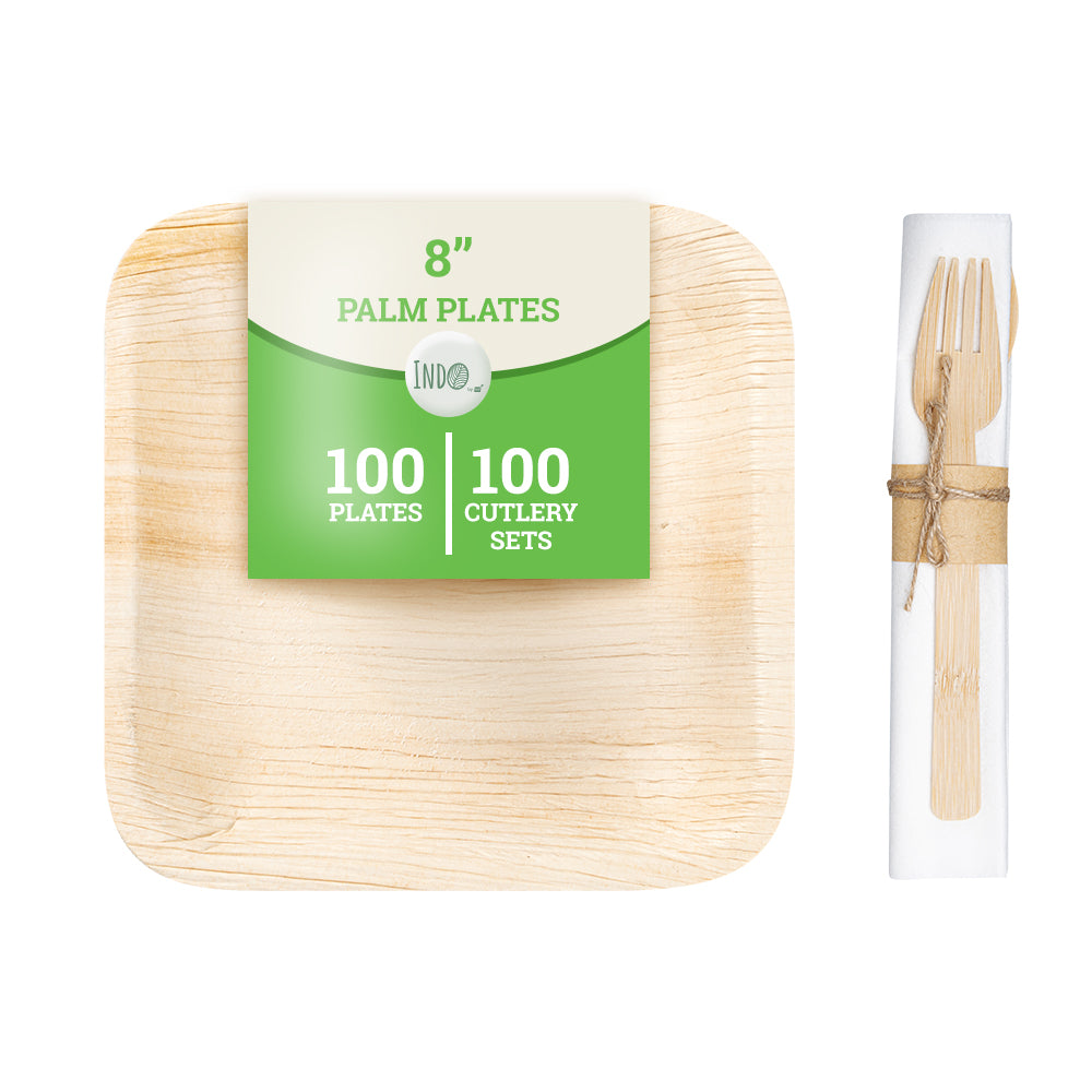 100 Indo Square 8" Natural Palm Leaf Plates and 100 Natural Bamboo Disposable Flatware Sets