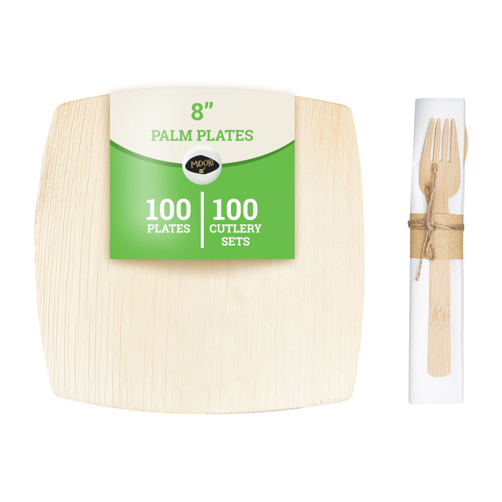 100 Midori Square 8" Natural Palm Leaf Large Plates and 100 Natural Bamboo Disposable Flatware Sets