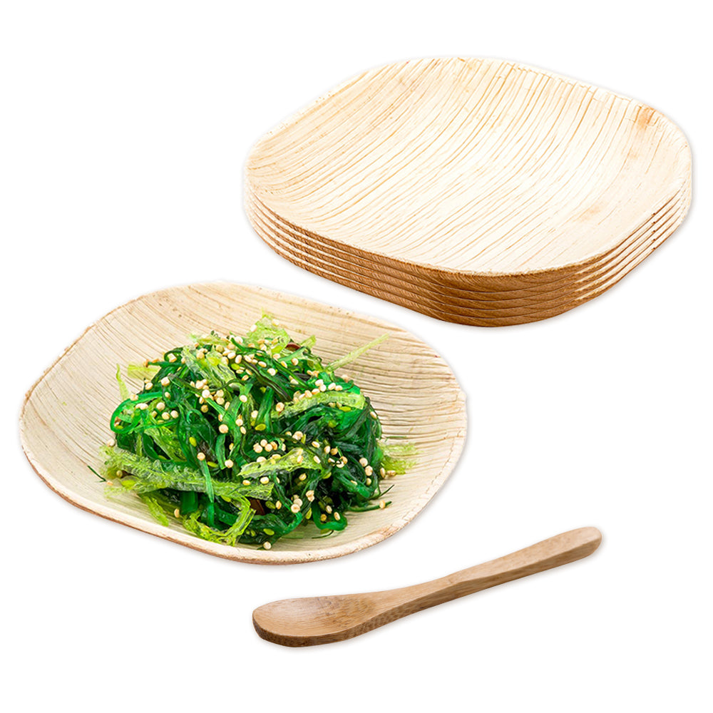 100 Indo Square 4" Natural Palm Leaf Plates and 100 Natural Bamboo 3.5" Mini Spoons