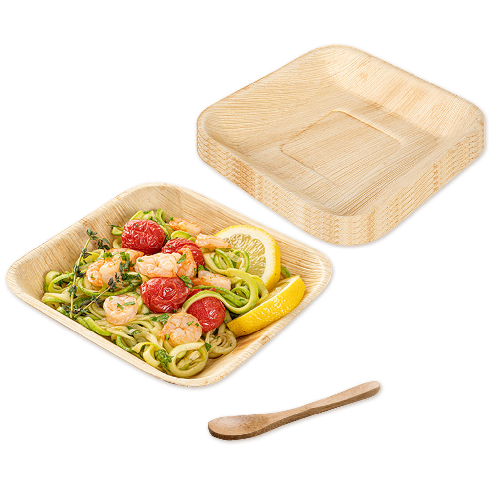 100 Indo Square 6.5" Natural Palm Leaf Plates and 100 Natural Bamboo 3.5" Mini Spoons