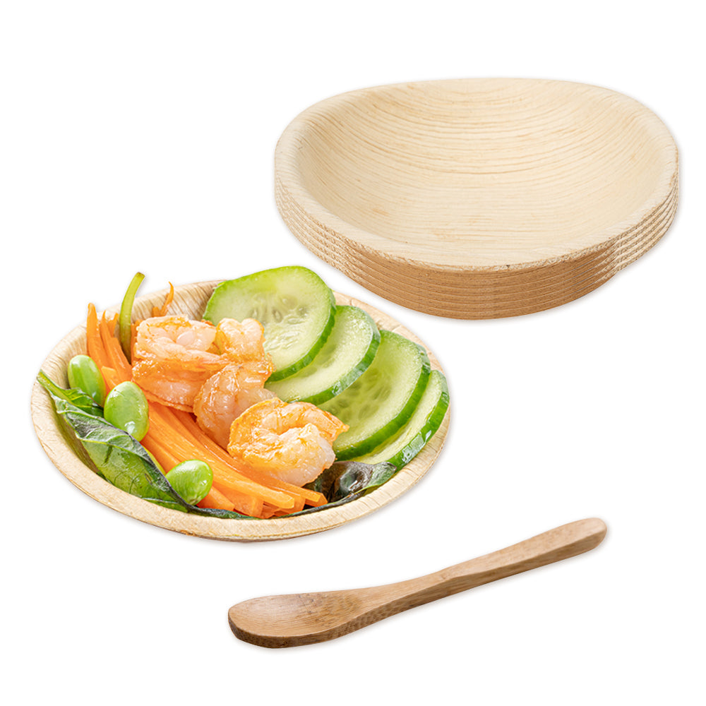 100 Indo 4 oz Round Natural Palm Leaf Bowls and 100 Natural Bamboo 3.5" Mini Spoons