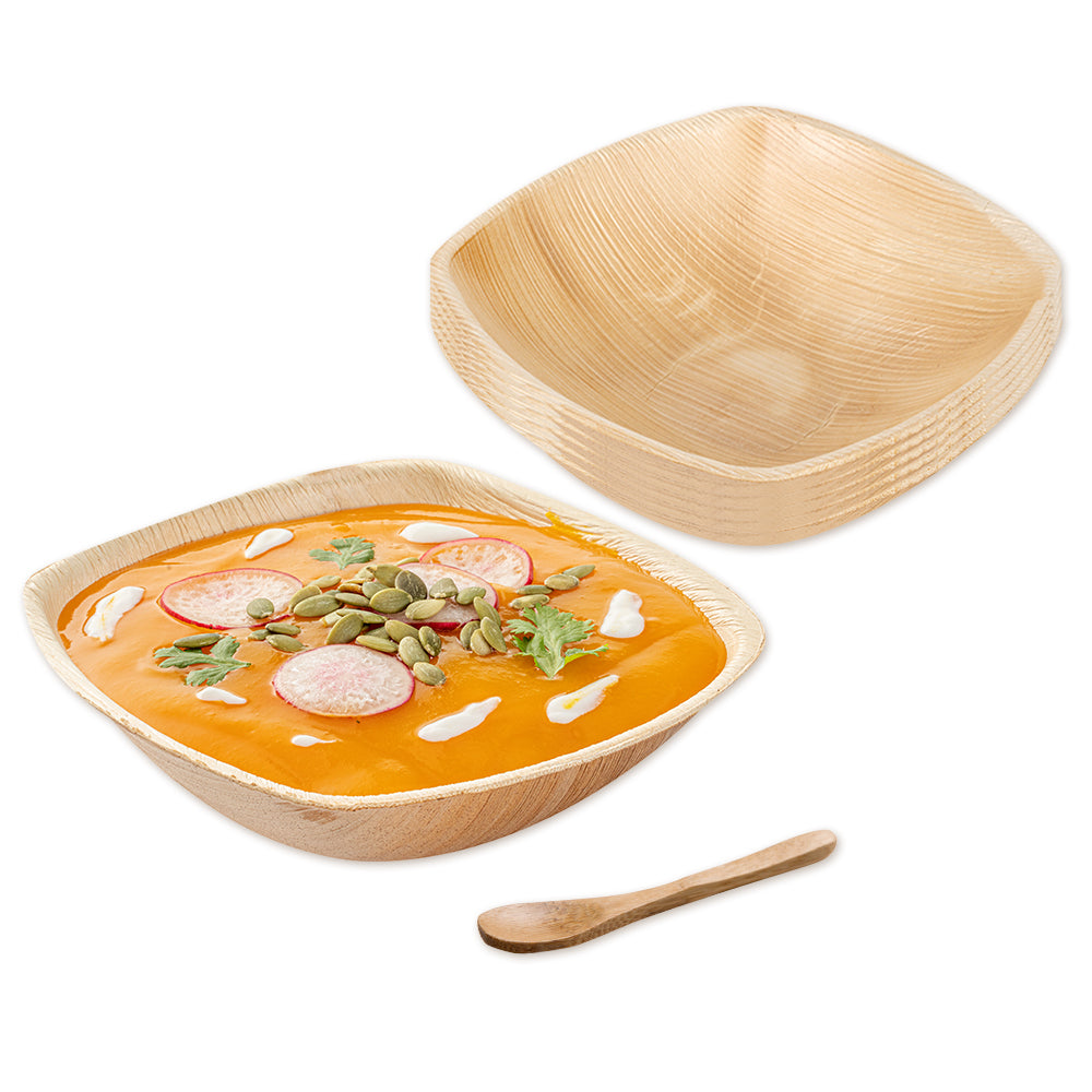 100 Midori 20 oz Square Natural Palm Leaf Large Bowls and 100 Natural Bamboo 3.5" Mini Spoons