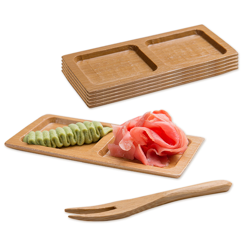 100 Rectangle Natural 4.75" Bamboo Duo Plates and 100 Natural Bamboo 3.5" Mini Forks