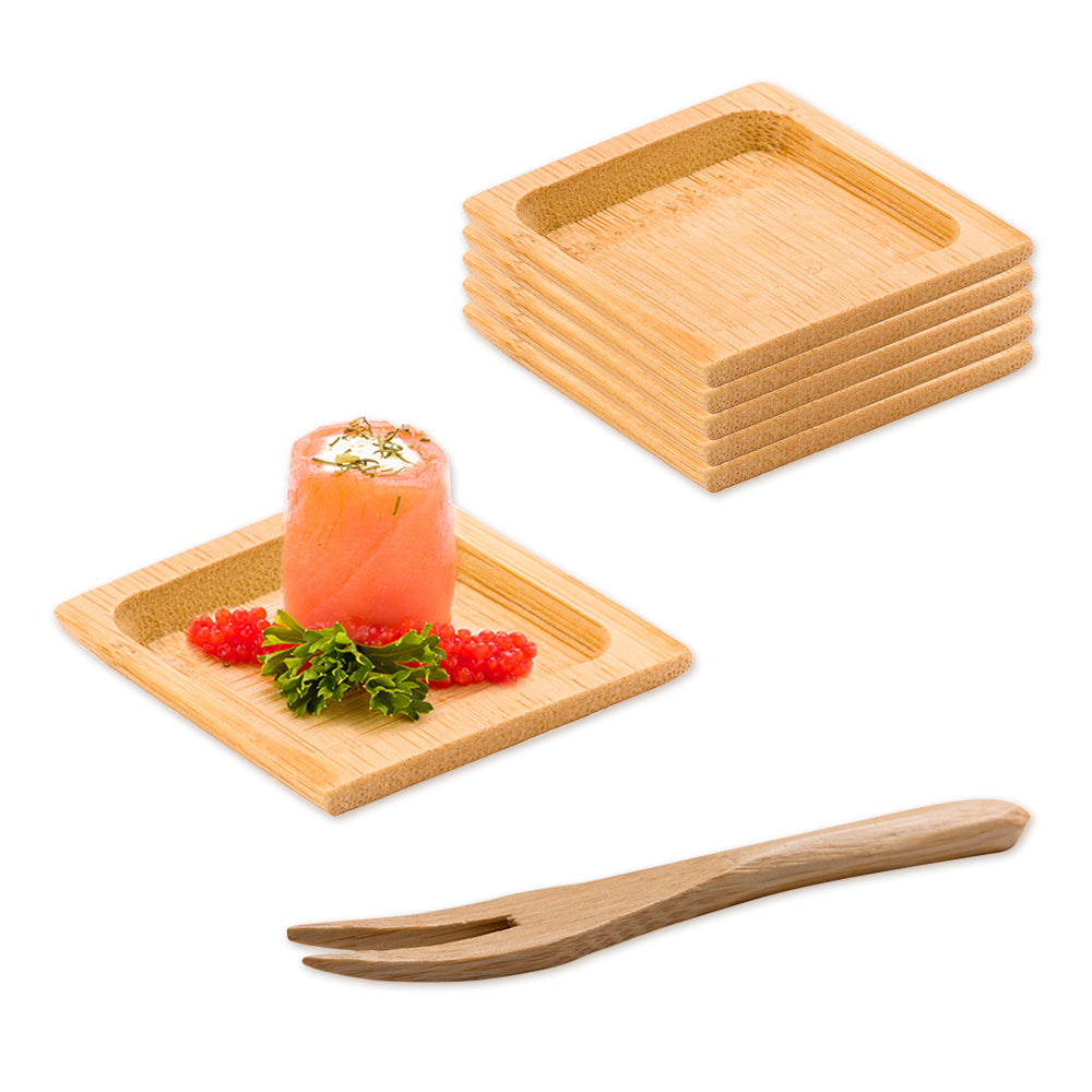 100 Square Natural 2.5" Bamboo Carved Plates and 100 Natural Bamboo 3.5" Mini Forks