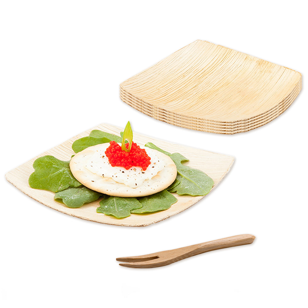 100 Midori Square 4" Natural Palm Leaf Small Plates and 100 Natural Bamboo 3.5" Mini Forks