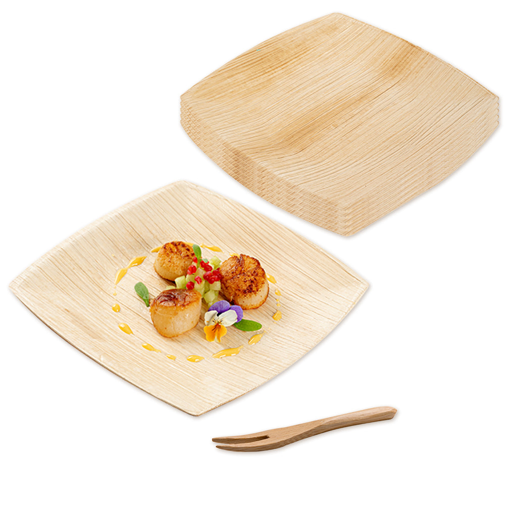 100 Midori Square 6" Natural Palm Leaf Medium Plates and 100 Natural Bamboo 3.5" Mini Forks