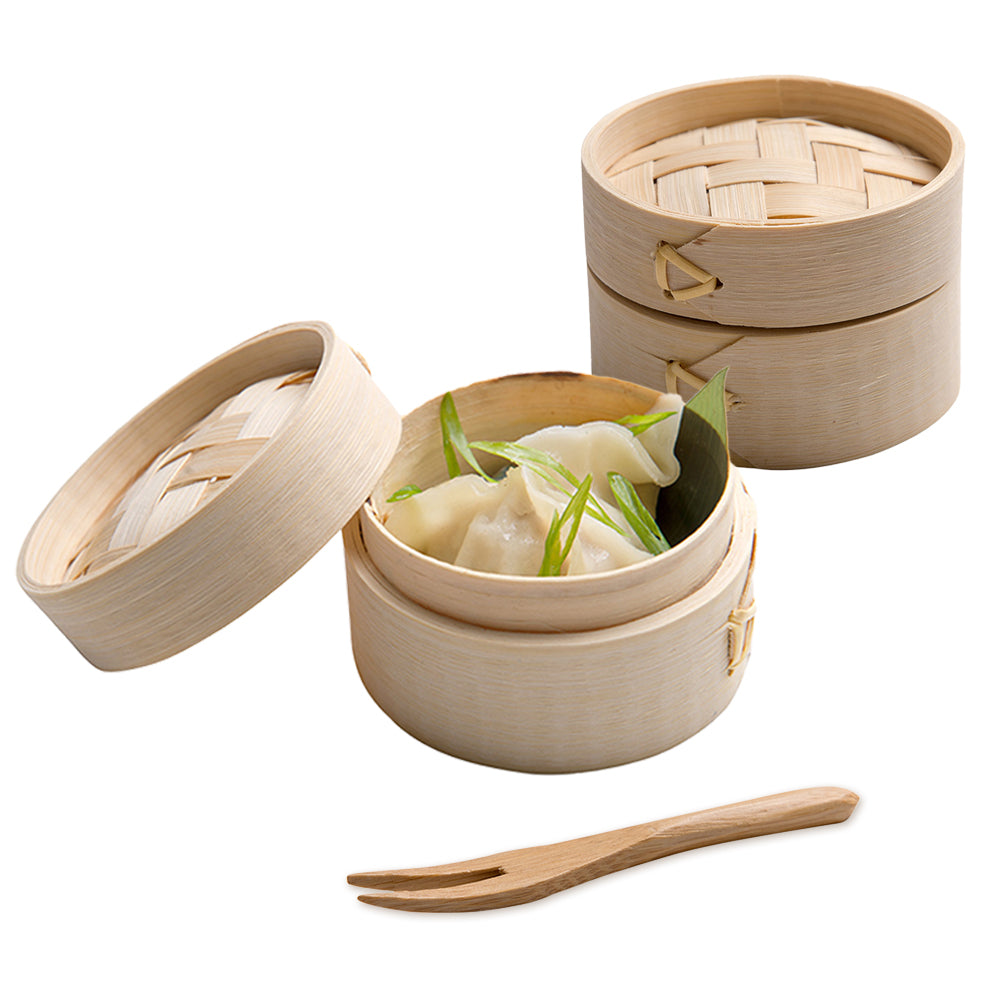 100 2 oz Round Natural Bamboo Mini Steamers and 100 Natural Bamboo 3.5" Mini Forks