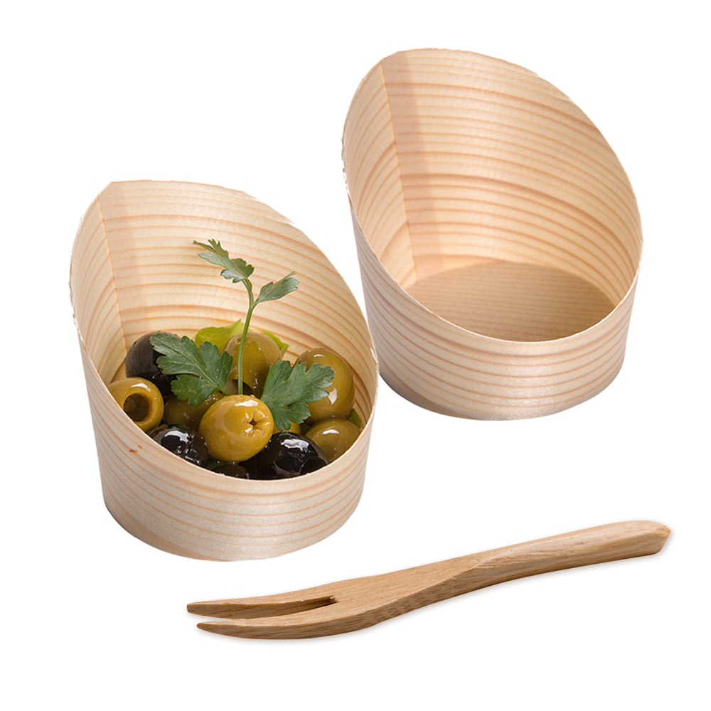 100 4 oz Round Natural Wood Mini Incline Cups and 100 Natural Bamboo 3.5" Mini Forks