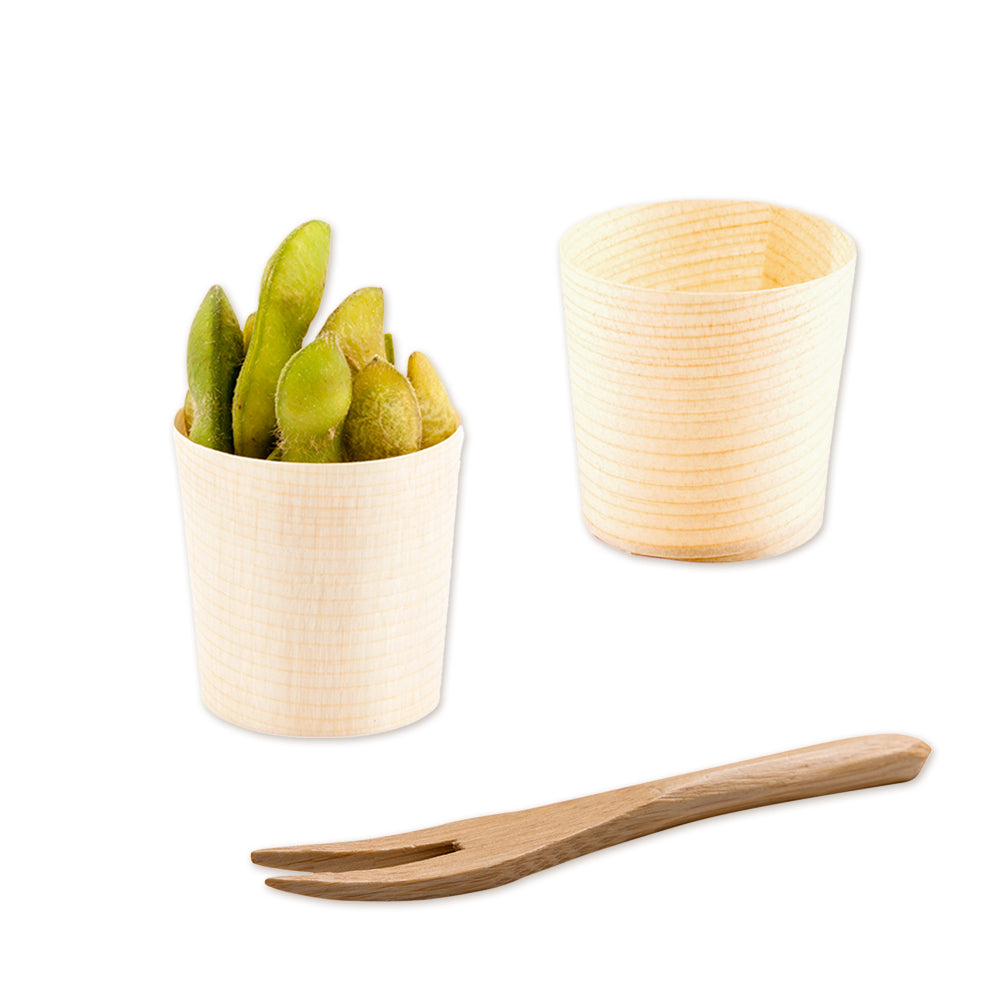 200 1 oz Round Natural Shaved Pinewood Mini Cups and 200 Natural Bamboo 3.5" Mini Forks