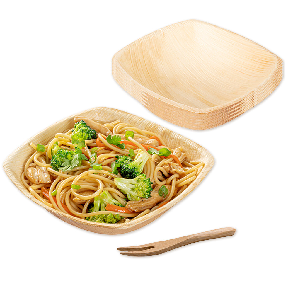 100 Midori 7 oz Square Natural Palm Leaf Small Bowls and 100 Natural Bamboo 3.5" Mini Forks