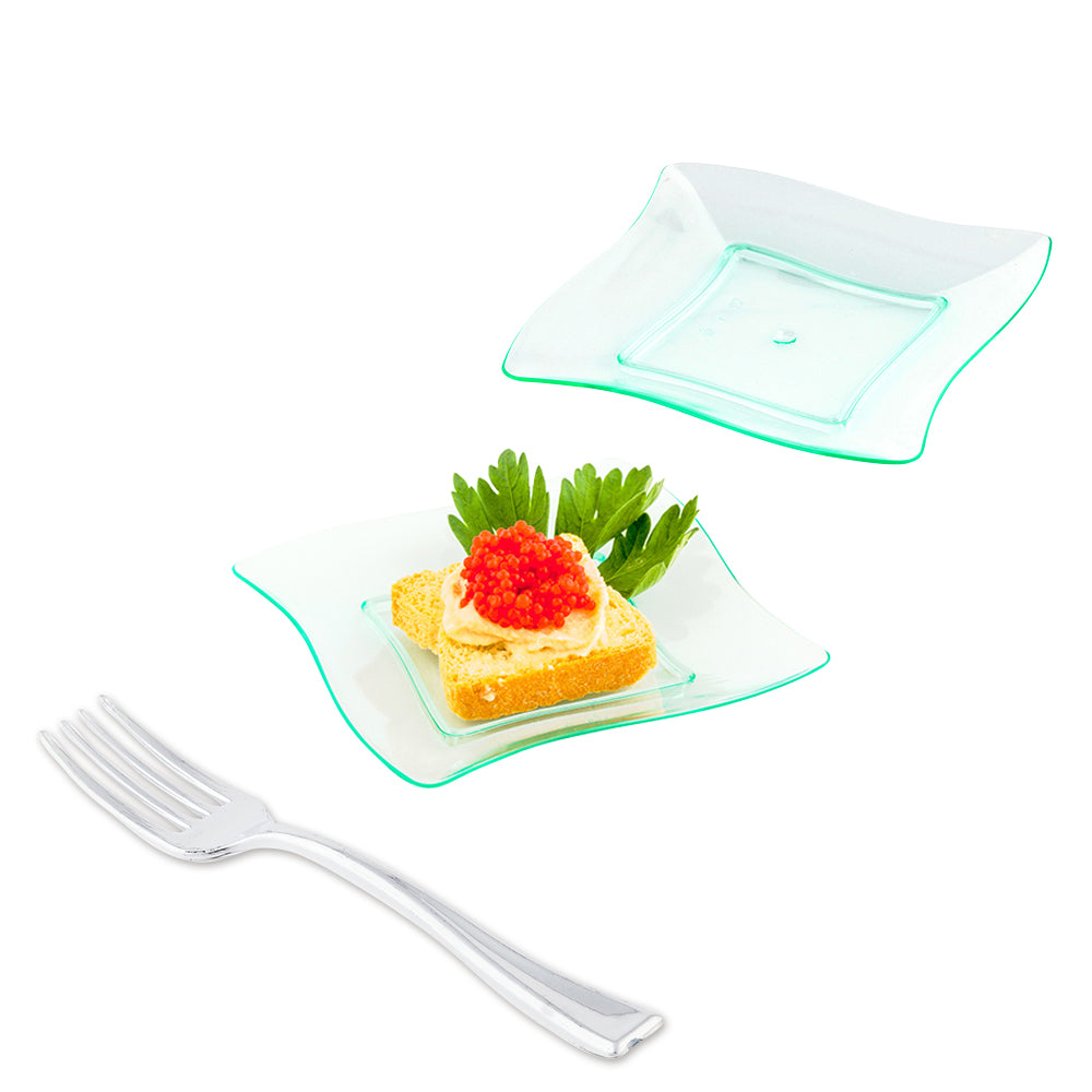 100 Square Seagreen 3" Plastic Aqua Plates and 100 Silver Plastic 4" Mini Forks