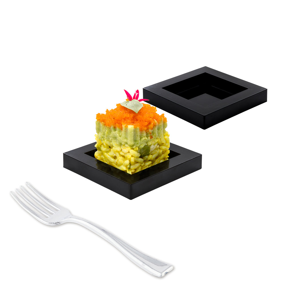 100 Square Black 2.5" Plastic Mini Cubic Plates and 100 Silver Plastic 4" Mini Forks