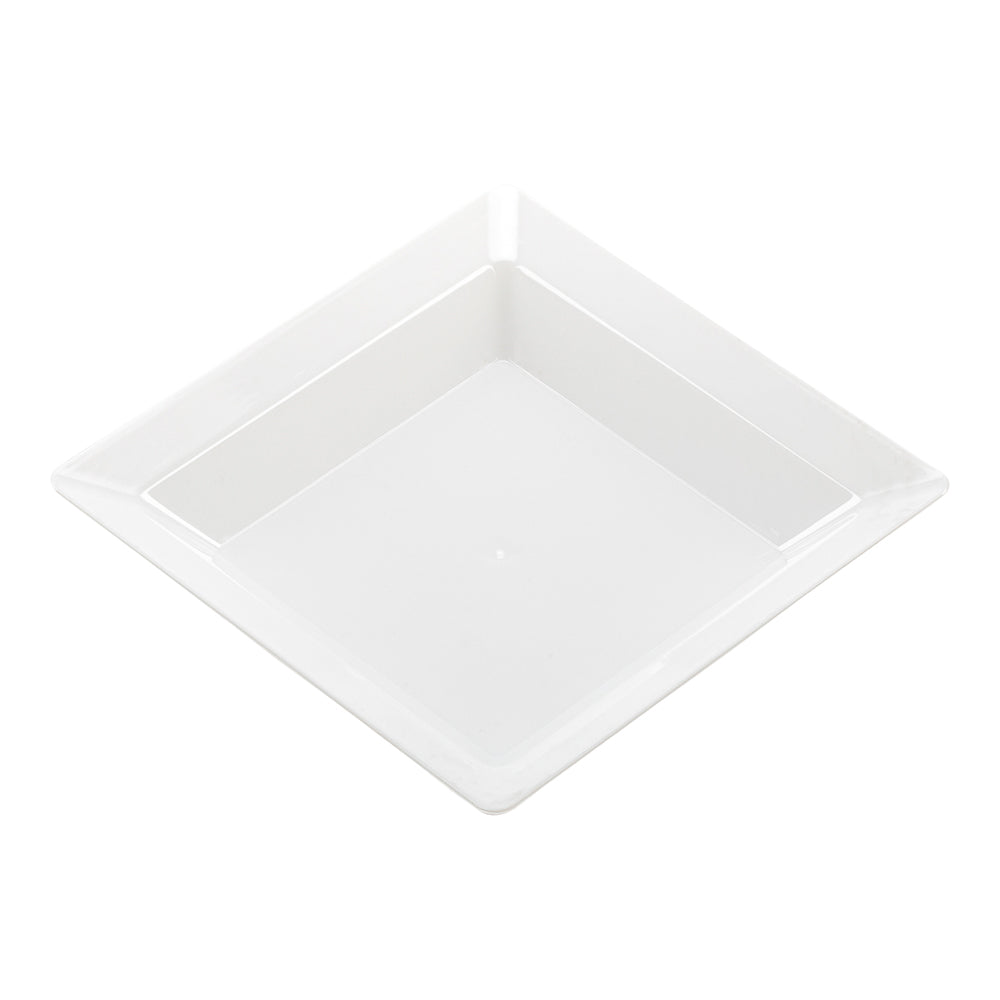 100 Square White 4.25" Plastic Plates and 100 Silver Plastic 4" Mini Forks