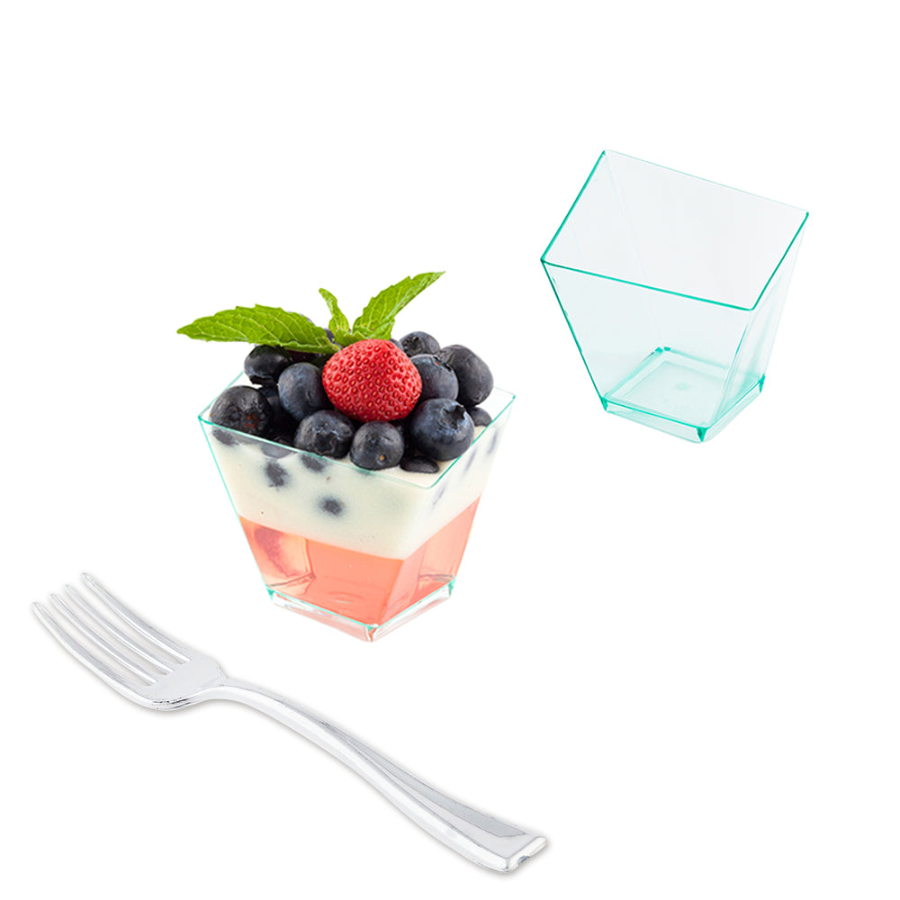 100 2 oz Square Seagreen Plastic Girata Dessert Dish and 100 Silver Plastic 4" Mini Forks