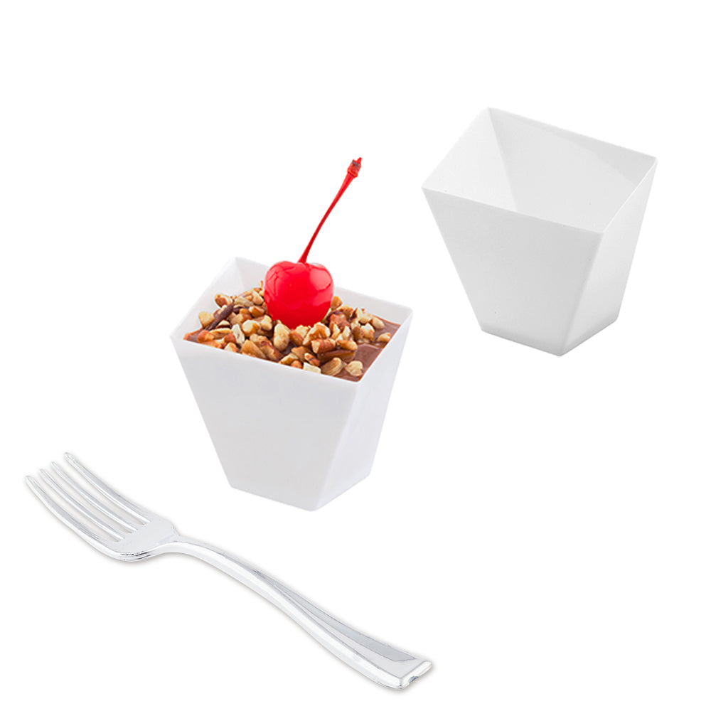 100 2 oz Square White Plastic Girata Dessert Dish and 100 Silver Plastic 4" Mini Forks