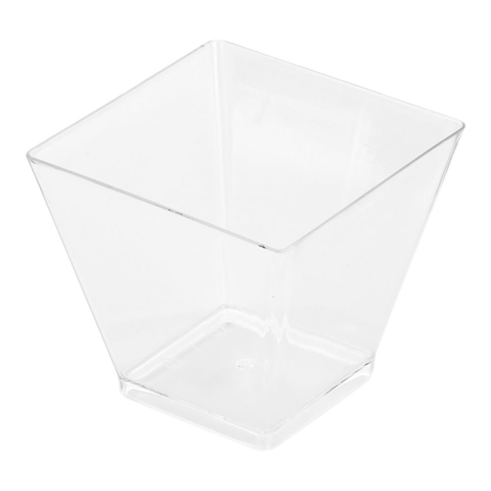 300 2 oz Square Clear Plastic Mini Kova Cups and 300 Silver Plastic 4" Mini Forks