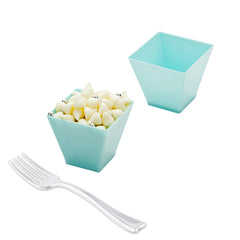 100 2 oz Square Baby Blue Plastic Mini Kova Cups and 100 Silver Plastic 4