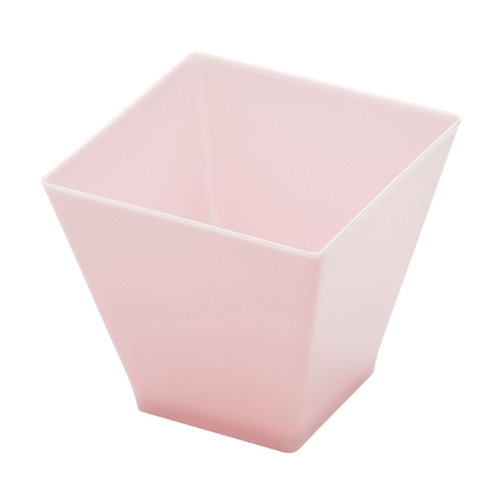 100 2 oz Square Powder Pink Plastic Mini Kova Cups and 100 Silver Plastic 4" Mini Forks