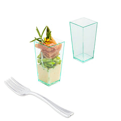 100 4 oz Square Seagreen Plastic Tall Geometric Cups and 100 Silver Plastic 4