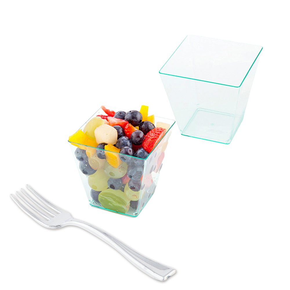 100 8 oz Square Seagreen Plastic Large Kova Cups and 100 Silver Plastic 4" Mini Forks