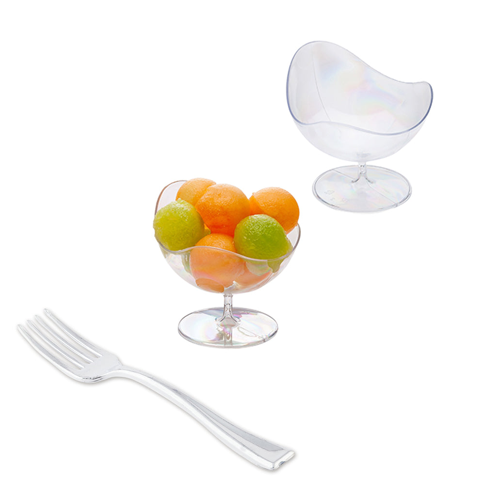 100 2 oz Round Clear Plastic Ball Chairs and 100 Silver Plastic 4" Mini Forks