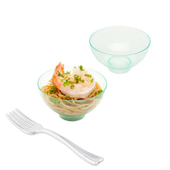 100 2 oz Round Seagreen Plastic Coppa Bowls and 100 Silver Plastic 4