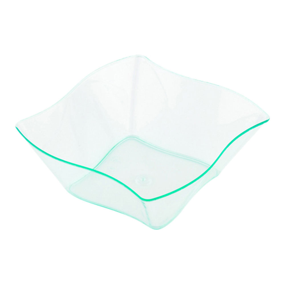 100 6 oz Square Seagreen Plastic Aqua Bowls and 100 Silver Plastic 4" Mini Forks