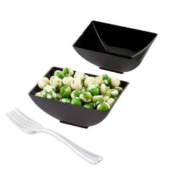 100 3 oz Rectangle Black Plastic Small Architetto Bowls and 100 Silver Plastic 4