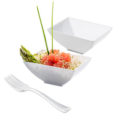 100 3 oz Rectangle White Plastic Small Architetto Bowls and 100 Silver Plastic 4