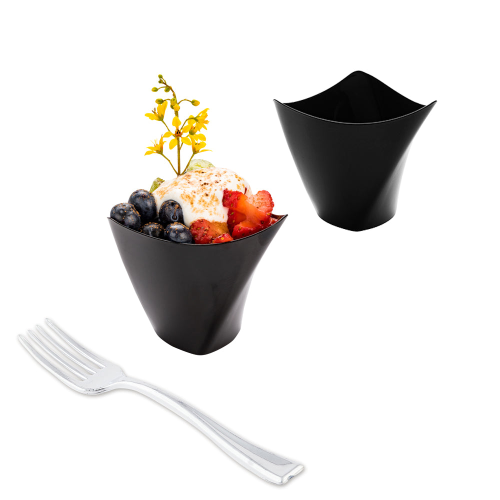 100 4 oz Black Plastic Mini Crescendo Cups and 100 Silver Plastic 4" Mini Forks