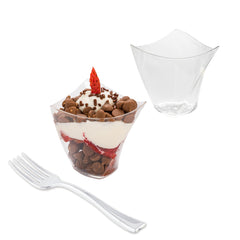 100 4 oz Clear Plastic Mini Crescendo Cups and 100 Silver Plastic 4